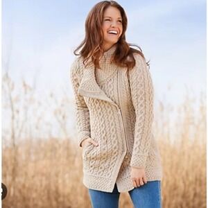Aran Knit Asymmetrical Zip Cardigan Ivory/Beige/Natural